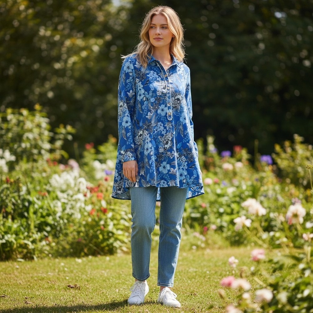 Lily Pulitzer sz XL 1/4 button down long sleeve blue floral collared blouse OO